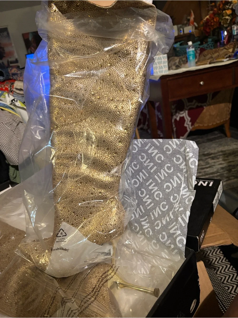 INC International Concepts Gold Sparkle Over-the-Knee Stiletto Boots